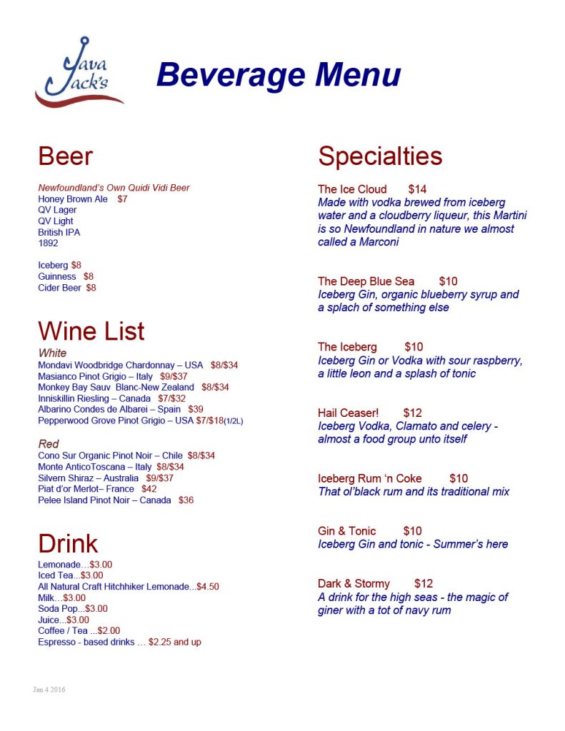 Our Menu Java Jacks Restaurant and Gallery