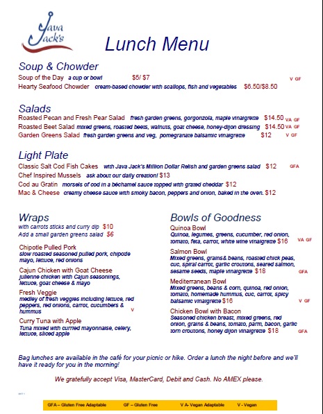 Where To Eat In Gros Morne National Park Java Jack S Menu