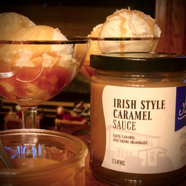 Our decadent Irish cream caramel sauce on ice cream