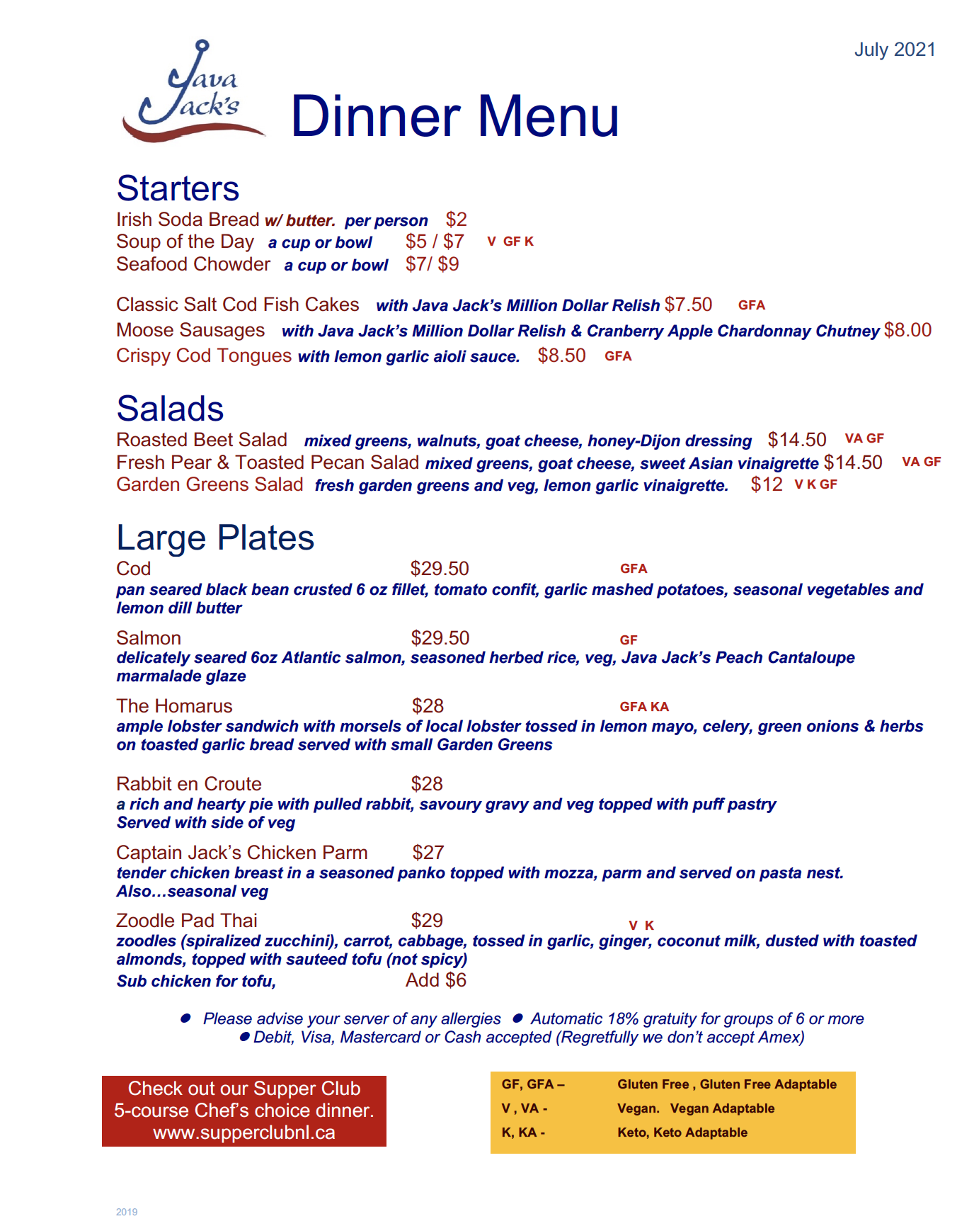 Where To Eat In Gros Morne National Park Java Jack's Menu